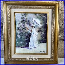 Max Karp Edwardian Woman With Parasol White Dress Enamel Over Copper Painting