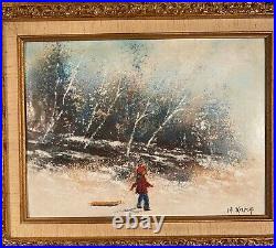 Max Karp Original Enamel On Copper Snow Scene Painting 19