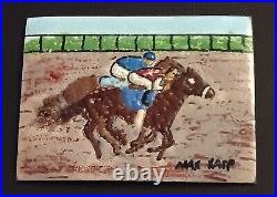 Max Karp Painting Enamel on Copper Rare Horse Race Original Signed Del Mar 4x3