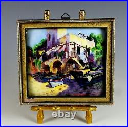 Mid Century Original Signed Enamel On Copper Painting Boat House