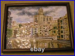 Mid Century Painting on Enamel Plaque Girona Spain Onyar River Eiffel Bridge