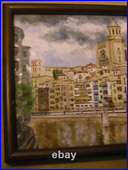 Mid Century Painting on Enamel Plaque Girona Spain Onyar River Eiffel Bridge