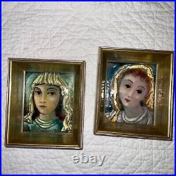 Mid century modern enamel painting on copper women portraits vintage 50s set