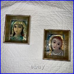 Mid century modern enamel painting on copper women portraits vintage 50s set