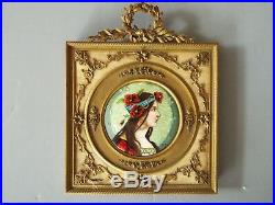 Miniature Art Nouveau Alphonse Mucha Style Enamel Painting Of A Beautiful Woman