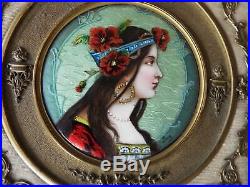Miniature Art Nouveau Alphonse Mucha Style Enamel Painting Of A Beautiful Woman