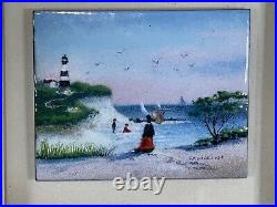 Miniature Victorian Sea Scene Light House Enamel Painting Signed/Framed 4001