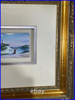 Miniature Victorian Sea Scene Light House Enamel Painting Signed/Framed 4001