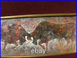 Modern 1954 Mid Century enamel style painting fighting bulls signed Hugo Robus