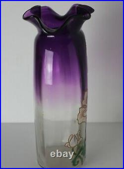 Mont Joye Art Glass Vase in amethyst, floral hand painted raised enamel, ruffled