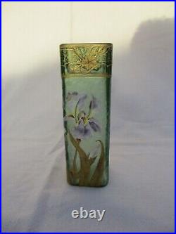 Mont Joye Art Nouveau Hand Painted Violet Iris Flower Enamel Gold Vase Legras
