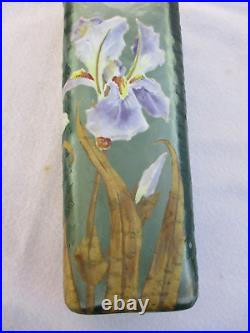 Mont Joye Art Nouveau Hand Painted Violet Iris Flower Enamel Gold Vase Legras
