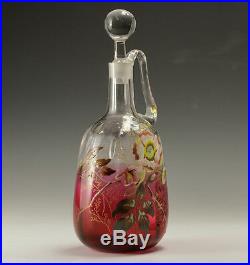 Mont Joye Cranberry Art Glass Decanter Hand painted Raised Enamel Floral Design