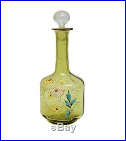 Mont Joye French Art Glass Decanter with Raised Hand Painted Enamel Flowers, c1920