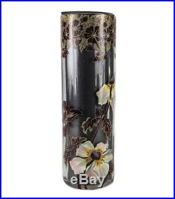 Moser 11 Art Glass Vase hand painted enamel flowers, gilt Fluted pillar c1920