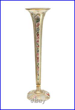 Moser Art Glass Trumpet Form Tall Bud Vase, circa 1900. Hand Painted Enamel