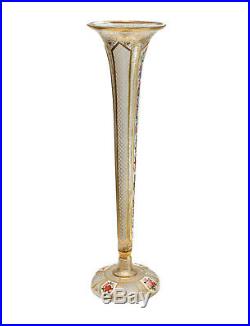 Moser Art Glass Trumpet Form Tall Bud Vase, circa 1900. Hand Painted Enamel