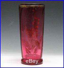 Moser Art Glass Vase c1900 Cranberry hand blown glass Hand painted enamel flower