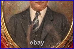 Nice Antique Portrait Painting Miniature Man Suit Ornate Brass Frame Leather