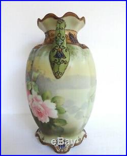 Nippon Vase With Flowers & Raised Enamel Hand Painted c 1911 Art Nouveau MINT