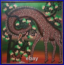 Ojajamonde Classic Tingatinga Painting Giraffe Curving His Around Limb 2'by 2