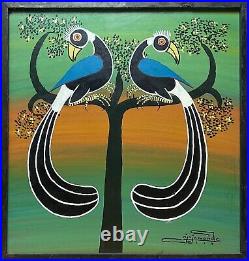 Ojajamonde Classic Tingatinga Painting Twin Blue Wings Perched 2' By 2
