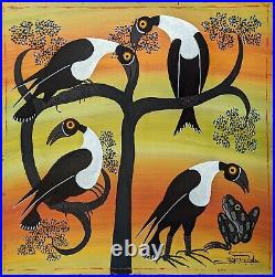 Ojajamonde Four White Chested Crows And Toad Older Classic Tingatinga Painting