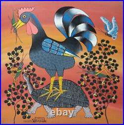 Ojajamonde Rooster Riding Tortoise Classic Tingatinga Painting