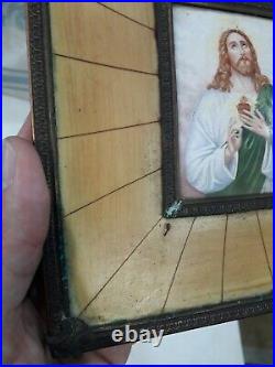 Old miniature Jesus Christ on ceramic enamel framed