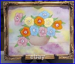 Original Enamel On Copper Painting Signed Jordon Flower Basket 1960s