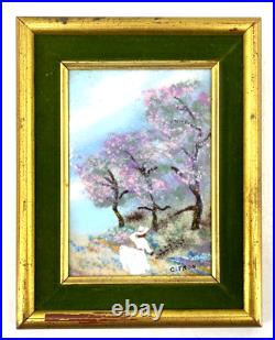 Original Enamel on Copper Signed Framed Painting Girl Flowering Trees Citron