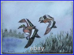Original Enamel on Copper Signed Max Karp Painting Green Wing Teal Plate 6x8