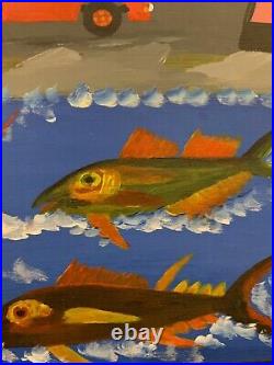 Original Painting Albert Artwell Jamaica Fishing Lobsters Naive Painting Style