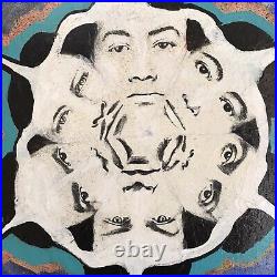 Original Painting Hexagon faces Acrylic, spray enamel and paper on plywood