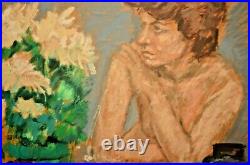 Original Vintage Signed Nude Floral Still Life Portrait Mixed Media Oil Painting