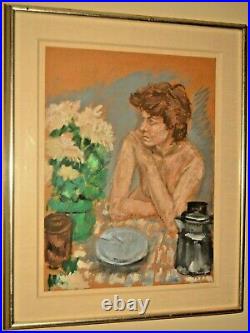 Original Vintage Signed Nude Floral Still Life Portrait Mixed Media Oil Painting
