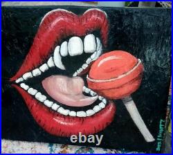 POP ART ACRYLIC PAINTING ON WOOD Artist SIGNED mouth withfangs eating a sucker