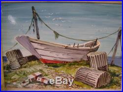 Painted Enamel On Metal Nautical Boat Lobster Traps Painting Signed Carly Framed