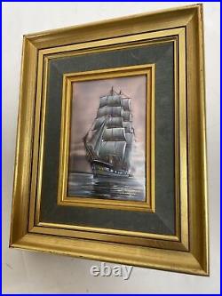 Painting Betourne Limoges Enamel Copper Plaque By J. P. Loup Sailing Ships