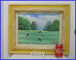 Painting Enamel On Copper Signed by Gordon Children Lifting Kites in the Field