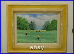 Painting Enamel On Copper Signed by Gordon Children Lifting Kites in the Field