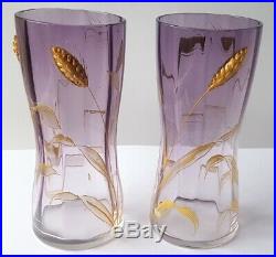 Pair, 2 Art Nouveau Glass Vases, Ears, Enamel Painting Moser Carlsbad um 1910