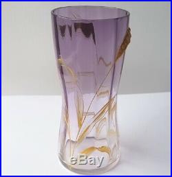 Pair, 2 Art Nouveau Glass Vases, Ears, Enamel Painting Moser Carlsbad um 1910