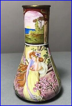 Pair Antique Art Nouveau Hand Painted Enameled Brass Vase Limoges/Mucha Woman