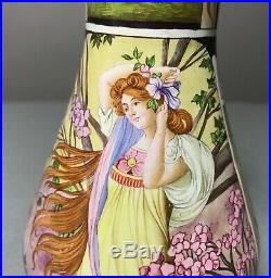 Pair Antique Art Nouveau Hand Painted Enameled Brass Vase Limoges/Mucha Woman
