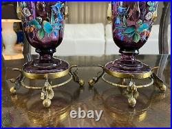 Pair Antique BOHEMIAN Purple ENAMEL Art Glass Mantle VASES Hd Painted BRONZE Ft