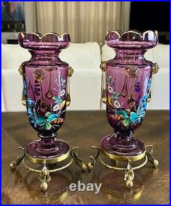 Pair Antique BOHEMIAN Purple ENAMEL Art Glass Mantle VASES Hd Painted BRONZE Ft