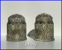 Pair Czech Bohemian Feather Painted Art Glass Enameled Covered Jars