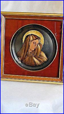 Pair Italy Unique Enamel On Copper Painting Of A Jesus And Mary In Shedow Boxes
