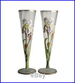 Pair Mont Joye Art Glass Iris Vases trumpet form Hand Painted Enamel early 20th